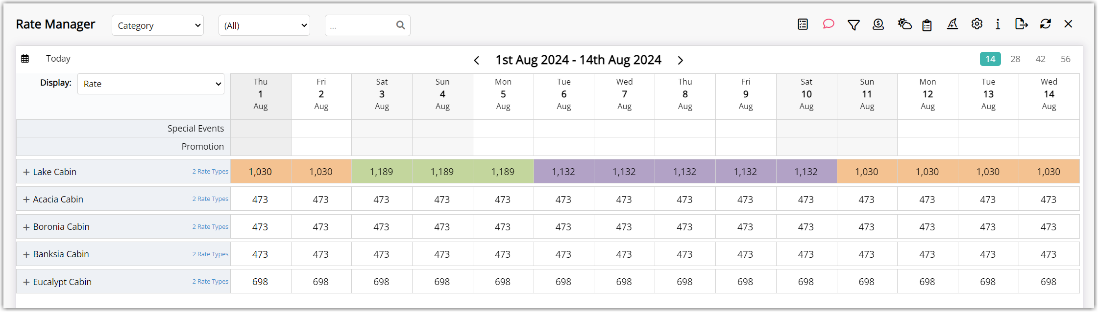 Screenshot of the Rate Manager chart in RMS with multiple Rate Periods displayed in different colours on the calendar, making it easy to see when Long Weekend, School Holidays and High Season periods apply.