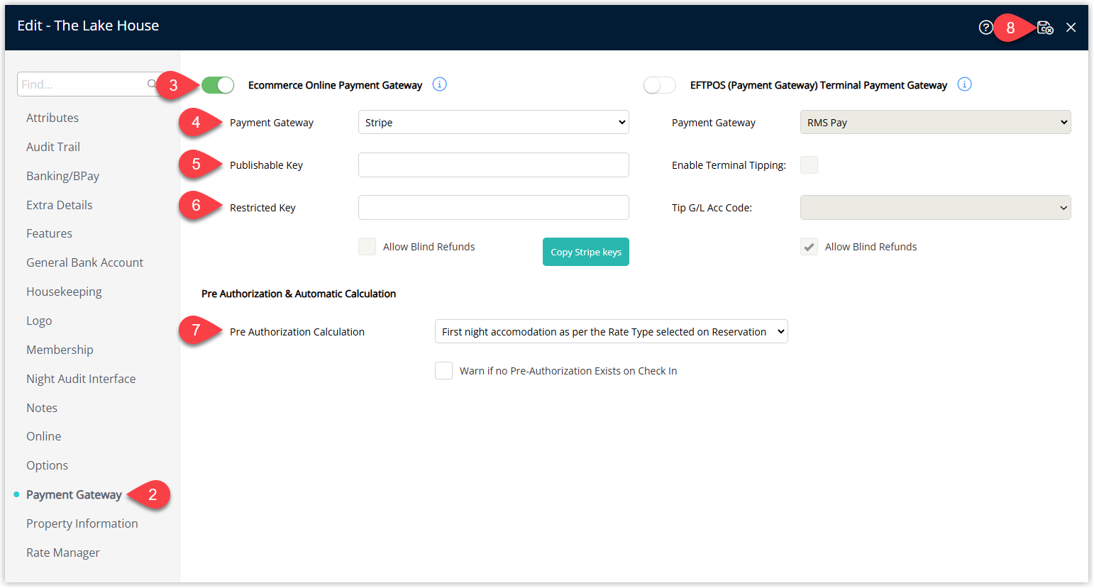 Payment Gateway tab with Stripe configuration fields in RMS