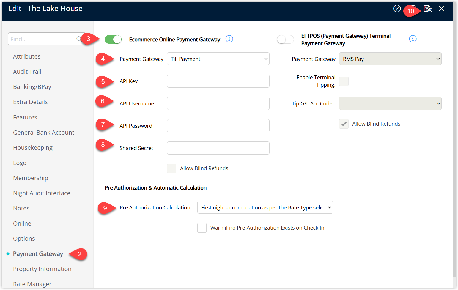 Edit Property screen in RMS with the Payment Gateway tab selected, showing the Ecommerce toggle enabled, ‘Till Payment’ chosen as the Payment Gateway, and fields for API Key, API Username, Password, Shared Secret and Pre Authorisation Amount completed, plus an optional ‘Warn if no Pre Authorisation exists on Check-in’ checkbox and a Save/Exit button.