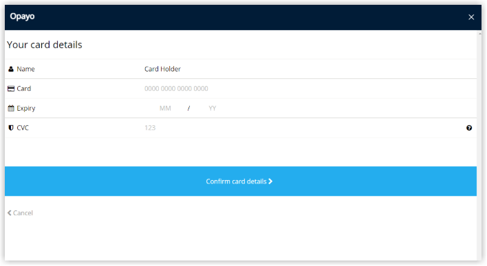 Screenshot showing the Opayo secure payment window