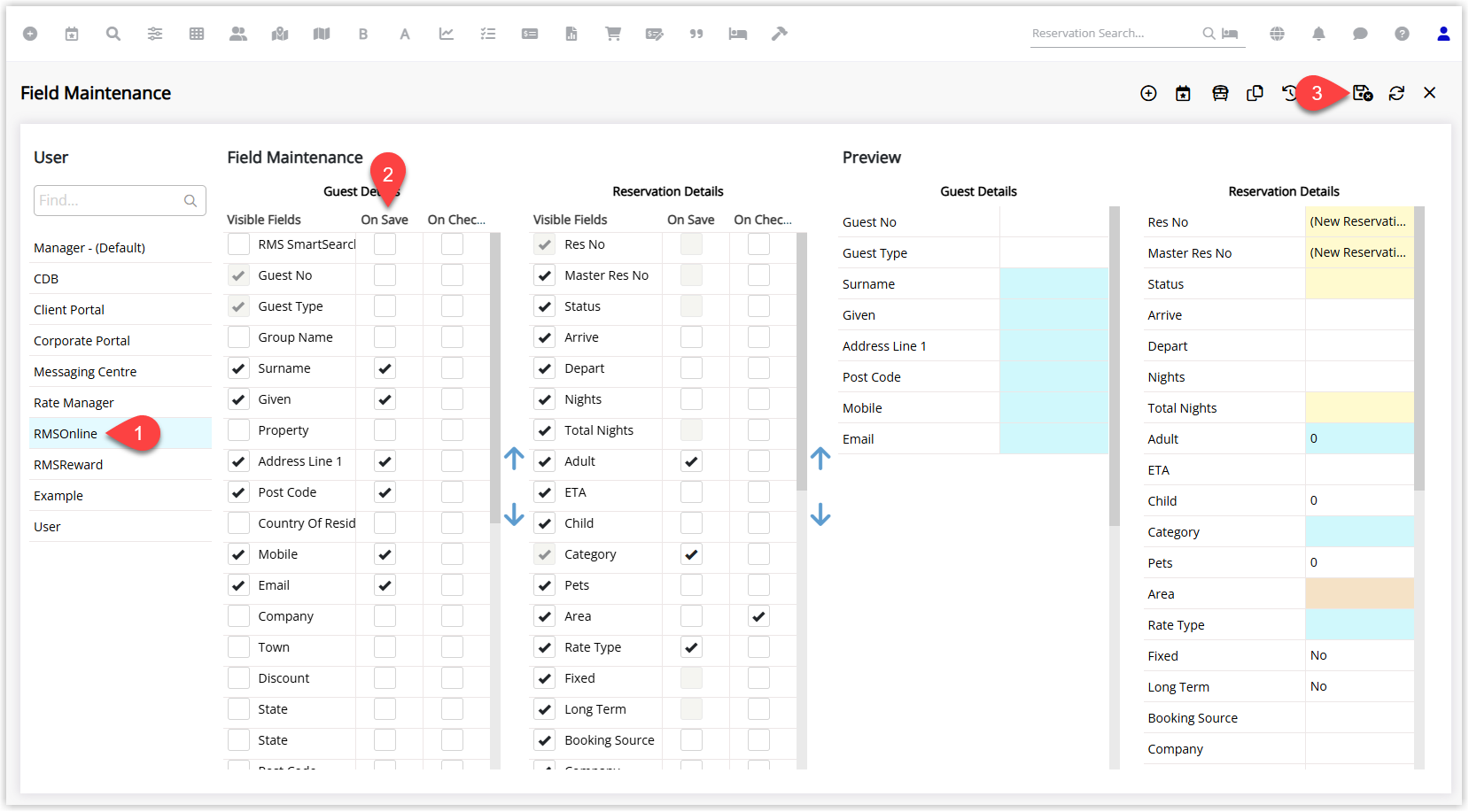 RMS Field Maintenance screen for the user ‘RMSOnline’, showing a list of Guest Details fields with ‘On Save’ checkboxes. Several fields are ticked to indicate they are mandatory on the RMS Booking Engine, and the Save/Exit option is available to apply the changes.