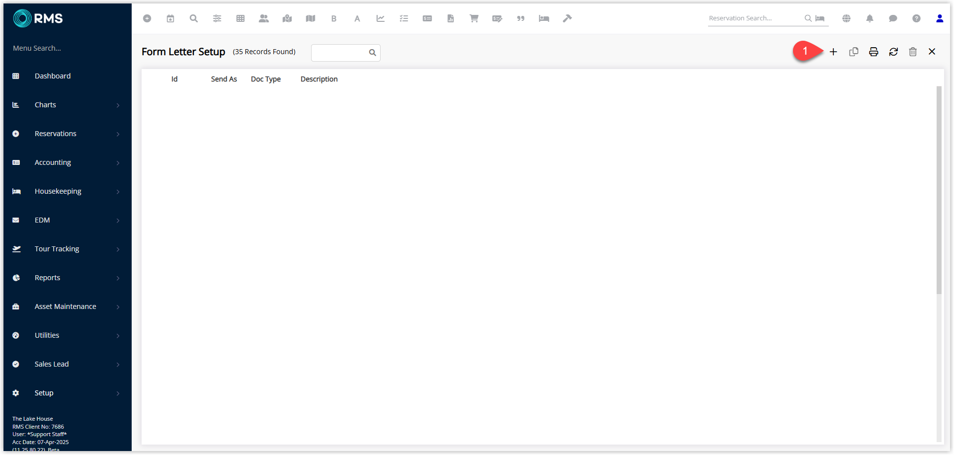 Form Letters screen in RMS (Setup > Correspondence > Form Letters) listing existing letters with an Add button highlighted to create a new Digital Registration Card form letter.