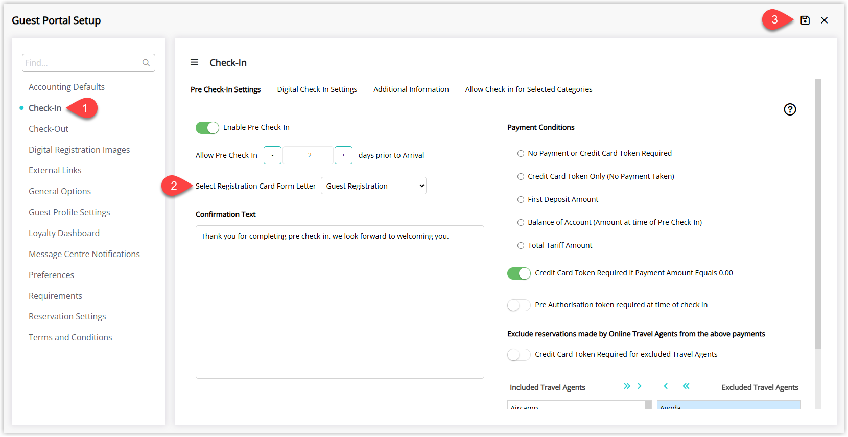 Guest Portal configuration screen in RMS with the Check-in tab selected, showing a dropdown or selector for the Registration Card Form Letter where the Digital Registration Card is chosen, and a Save button to apply the selection.