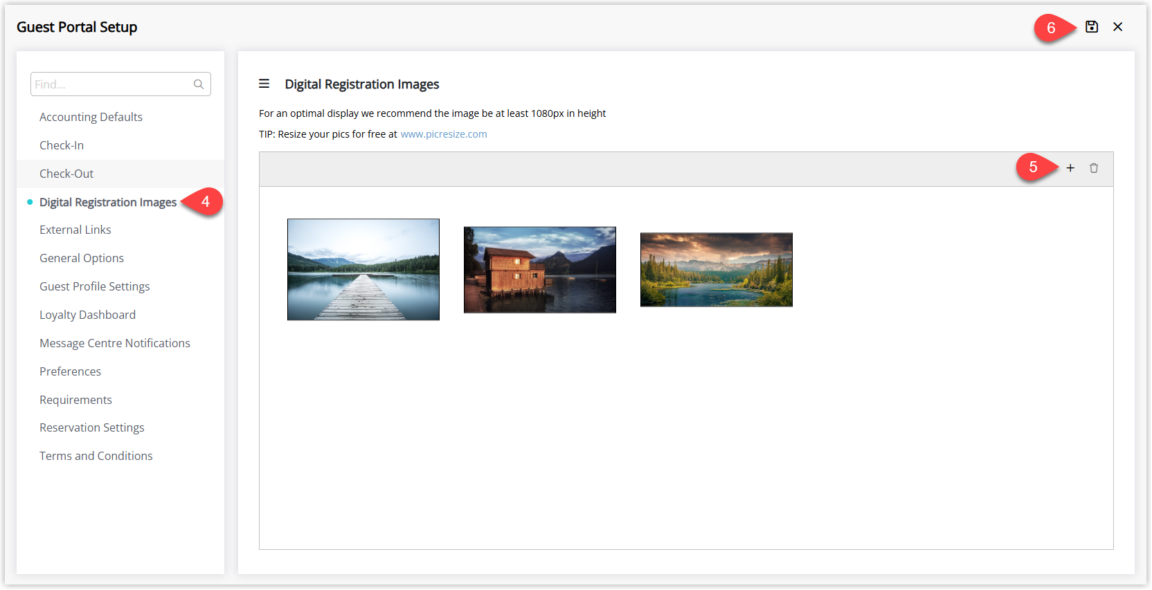 Guest Portal configuration screen in RMS with the Digital Registration Images tab open, showing an Add button used to upload one or more images from the computer and a Save/Exit button to store the selected images for the digital registration flow.
