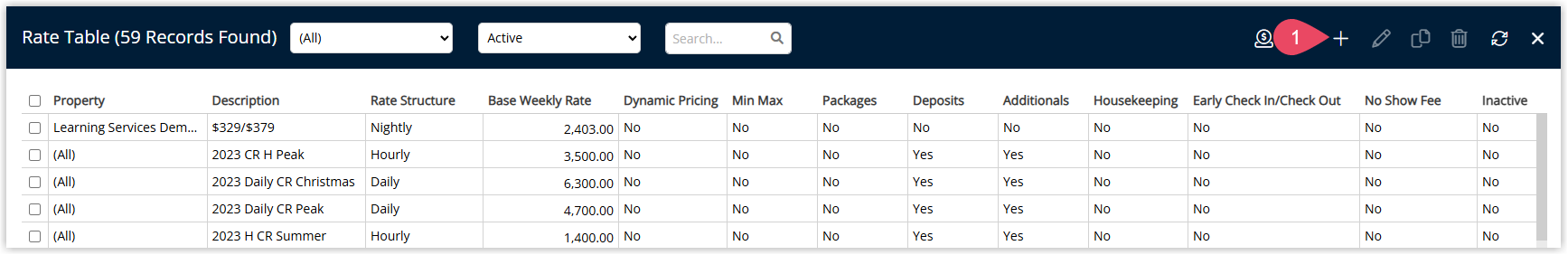Annotated screenshot of the Rate Table list in RMS highlighting the Add icon to create a new rate table