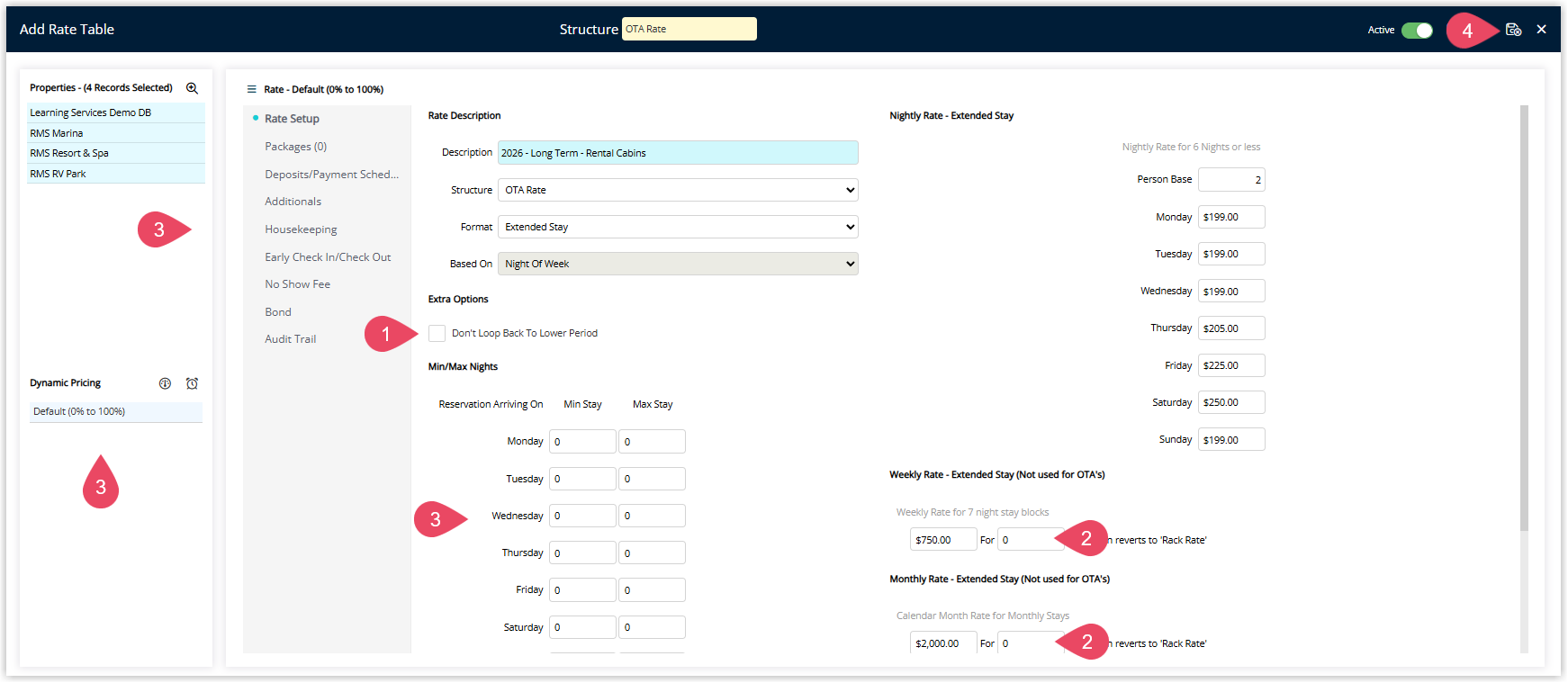 Annotated screenshot of the multi-property Add Rate Table form in RMS highlighting the Don't Loop Back To Lower Period option, the Weekly Rate field, the selected Properties panel, and the Save icon