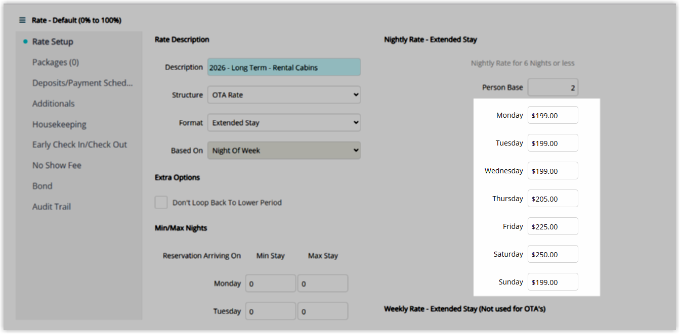 Screenshot of the Nightly Rate Extended Stay panel in the Add Rate Table form in RMS showing the day-of-week rates from Monday to Sunday