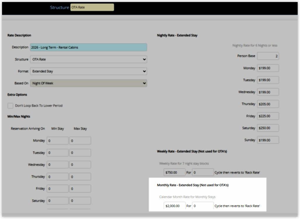 Screenshot of the Monthly Rate Extended Stay panel in the Add Rate Table form in RMS showing the calendar month rate field