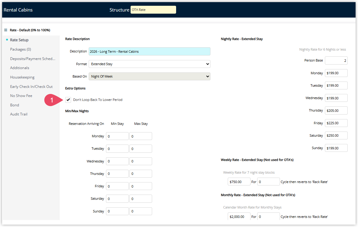 Annotated screenshot of the Rental Cabins Rate Setup form in RMS highlighting the Don't Loop Back To Lower Period checkbox under Extra Options