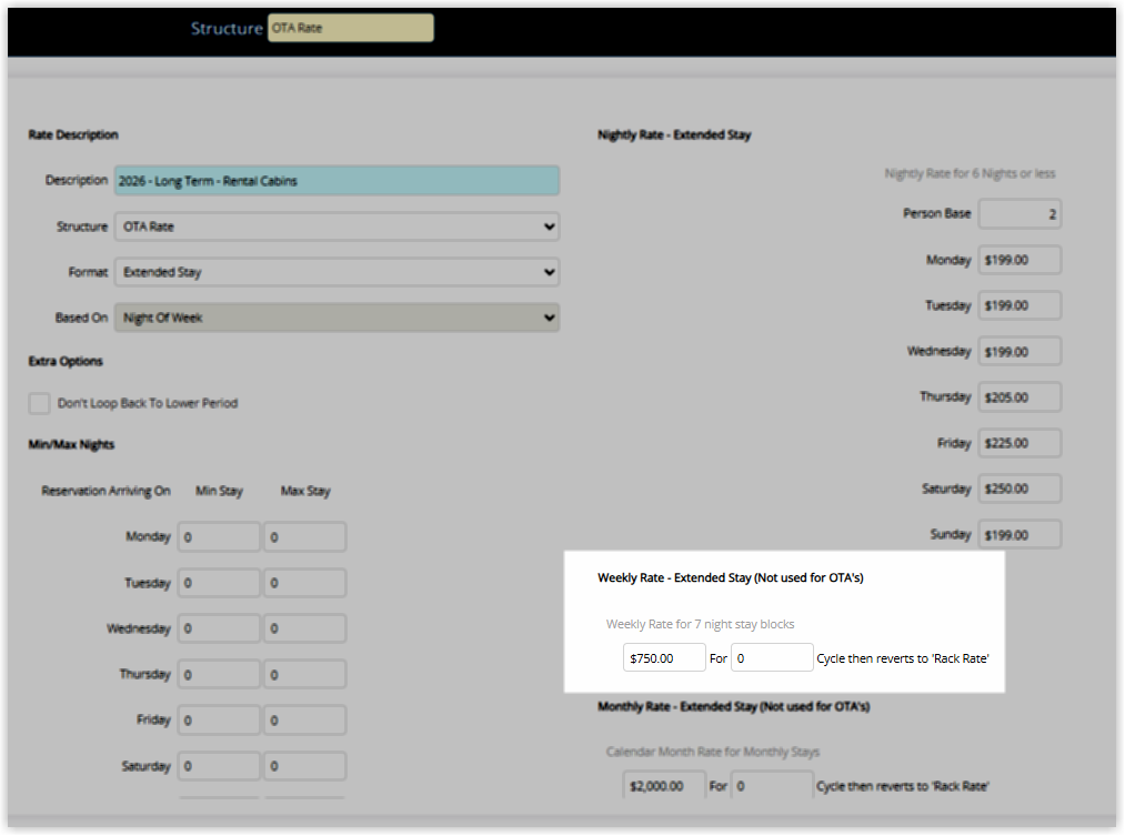 Screenshot of the Weekly Rate Extended Stay panel in the Add Rate Table form in RMS showing the seven-night stay block rate field