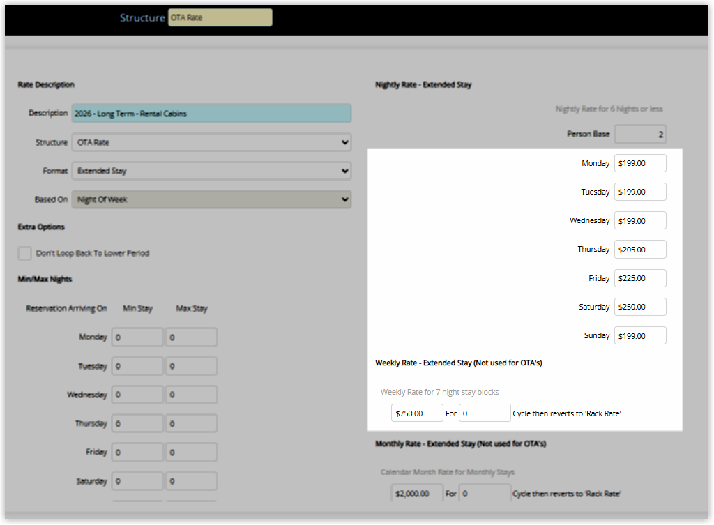 Screenshot of the Nightly Rate and Weekly Rate panels in the Add Rate Table form in RMS for the Extended Stay format