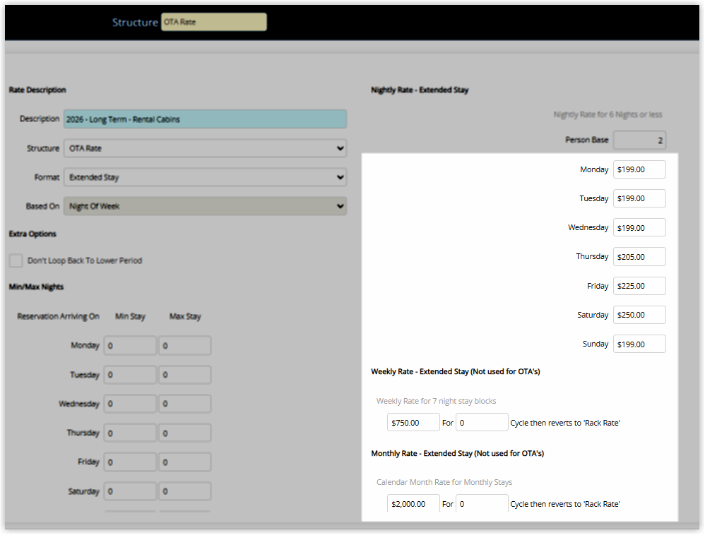 Screenshot of the Nightly, Weekly and Monthly Rate Extended Stay panels in the Add Rate Table form in RMS