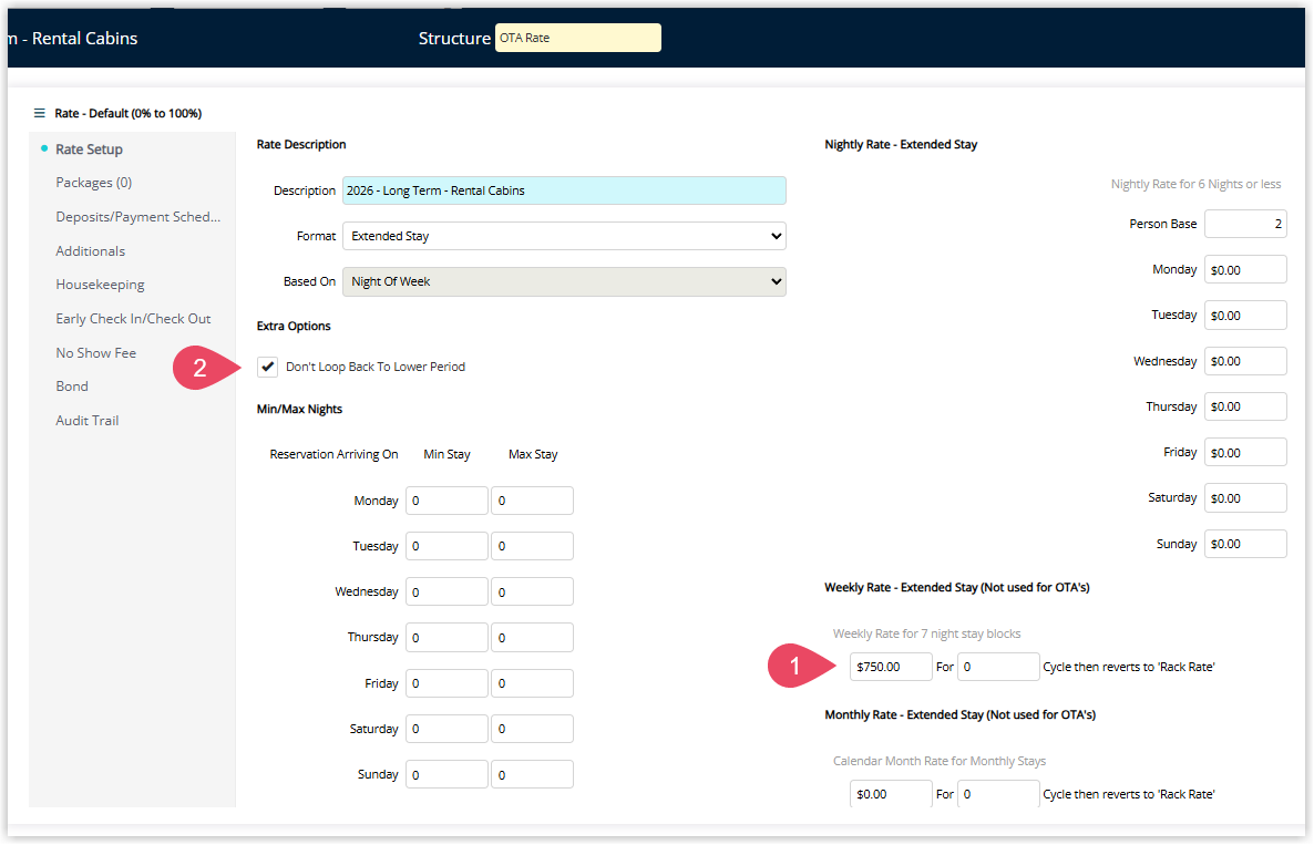 Annotated screenshot of the Rental Cabins Rate Setup form in RMS highlighting the Weekly Rate field with nightly rates set to zero and the Don't Loop Back To Lower Period checkbox enabled