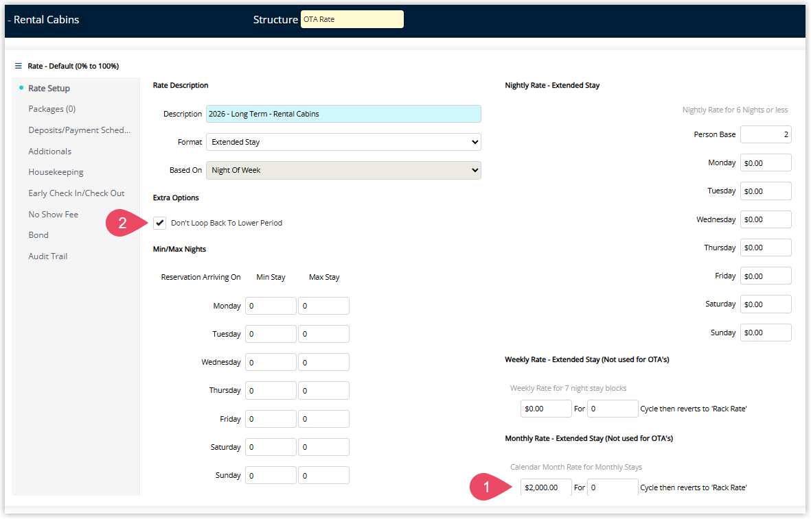 Annotated screenshot of the Rental Cabins Rate Setup form in RMS highlighting the Monthly Rate field with weekly and nightly rates set to zero and the Don't Loop Back To Lower Period checkbox enabled