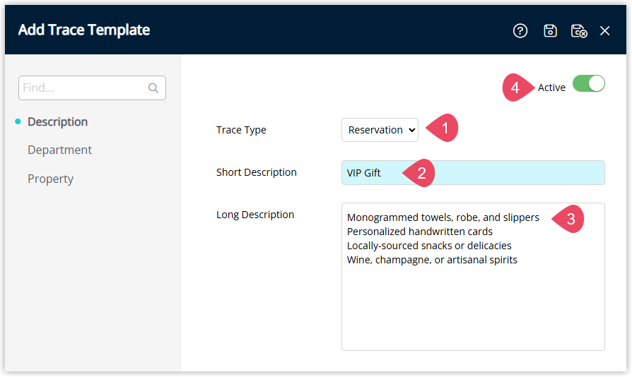 Screenshot of the Add Trace window in RMS showing fields to select a Trace Type, enter a Short Description and optional Long Description, and an Active toggle to enable the Trace template.