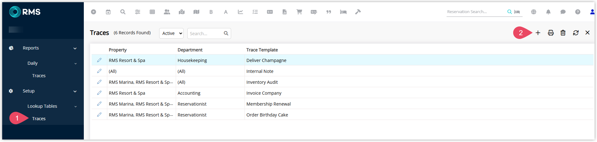 Screenshot of the Traces lookup table in RMS showing a list of existing Trace templates and the Add button highlighted to create a new Trace.