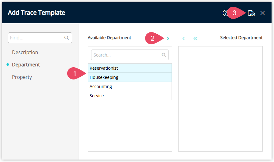 Screenshot of the Department tab in the Add Trace window in RMS showing a list of Departments with one selected and an Allocate icon used to link the Trace template to that Department before saving.