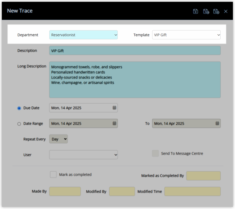 Screenshot of the Traces lookup table in RMS highlighting Trace templates with and without a Department assigned, indicating that department-linked traces are restricted to that Department while unassigned traces are available to all Departments.