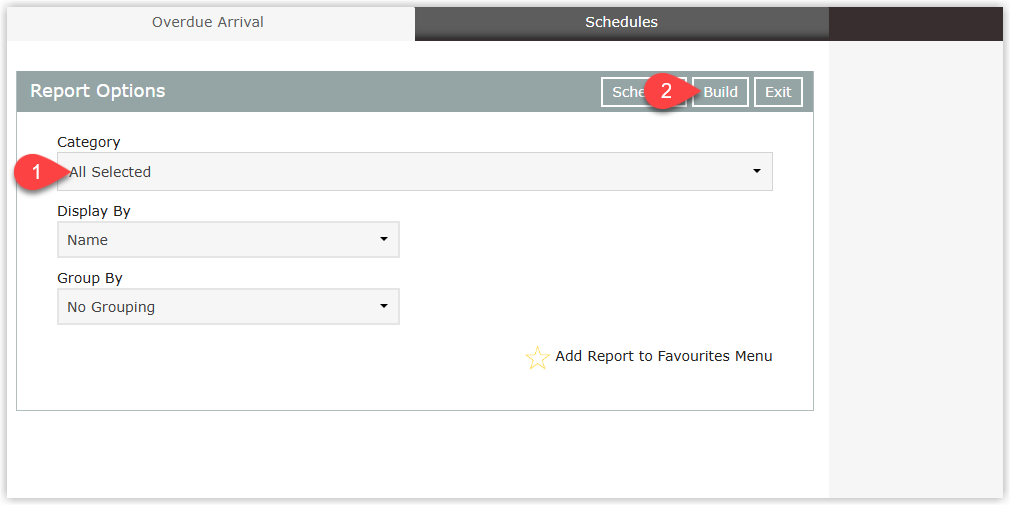 Annotated screenshot of the Overdue Arrival report options in RMS showing the Category, Display By, and Group By fields with the Build button highlighted