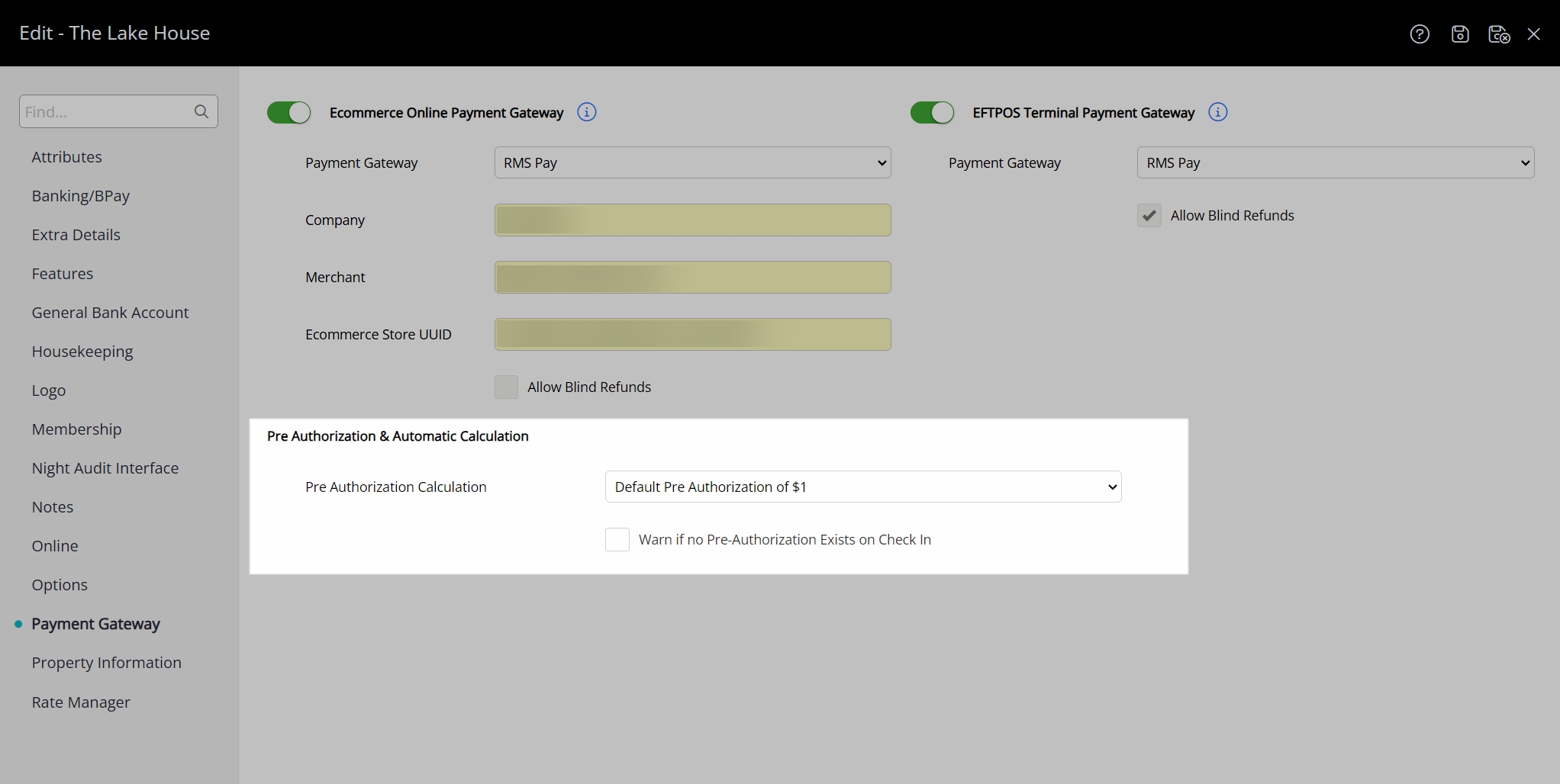 RMS Pay pre‑authorization settings showing ‘Default Pre‑Authorization of $1’ selected to place a $1 hold for card verification only.