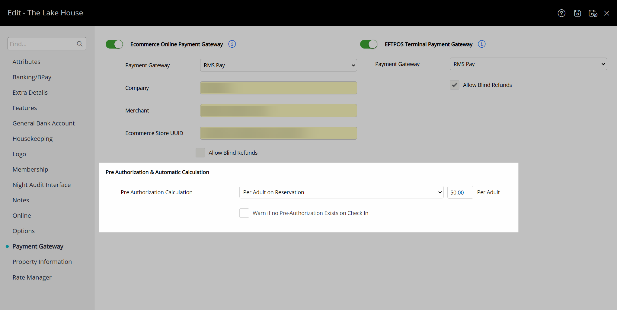 RMS Pay pre‑authorization settings showing ‘Per Adult on Reservation’ selected with a dollar amount per adult, so the hold is calculated by number of adult guests.
