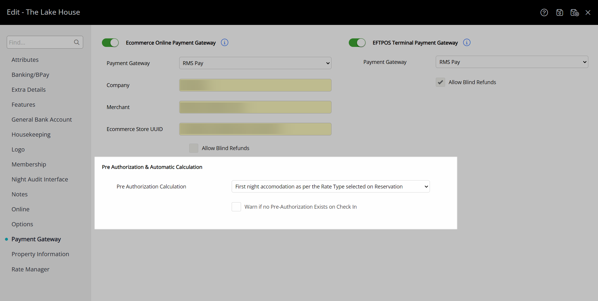 RMS Pay pre‑authorization settings with ‘First Night Accommodation on the Rate Type’ selected, so the hold amount is based on the first night’s rate for the chosen Rate Type.