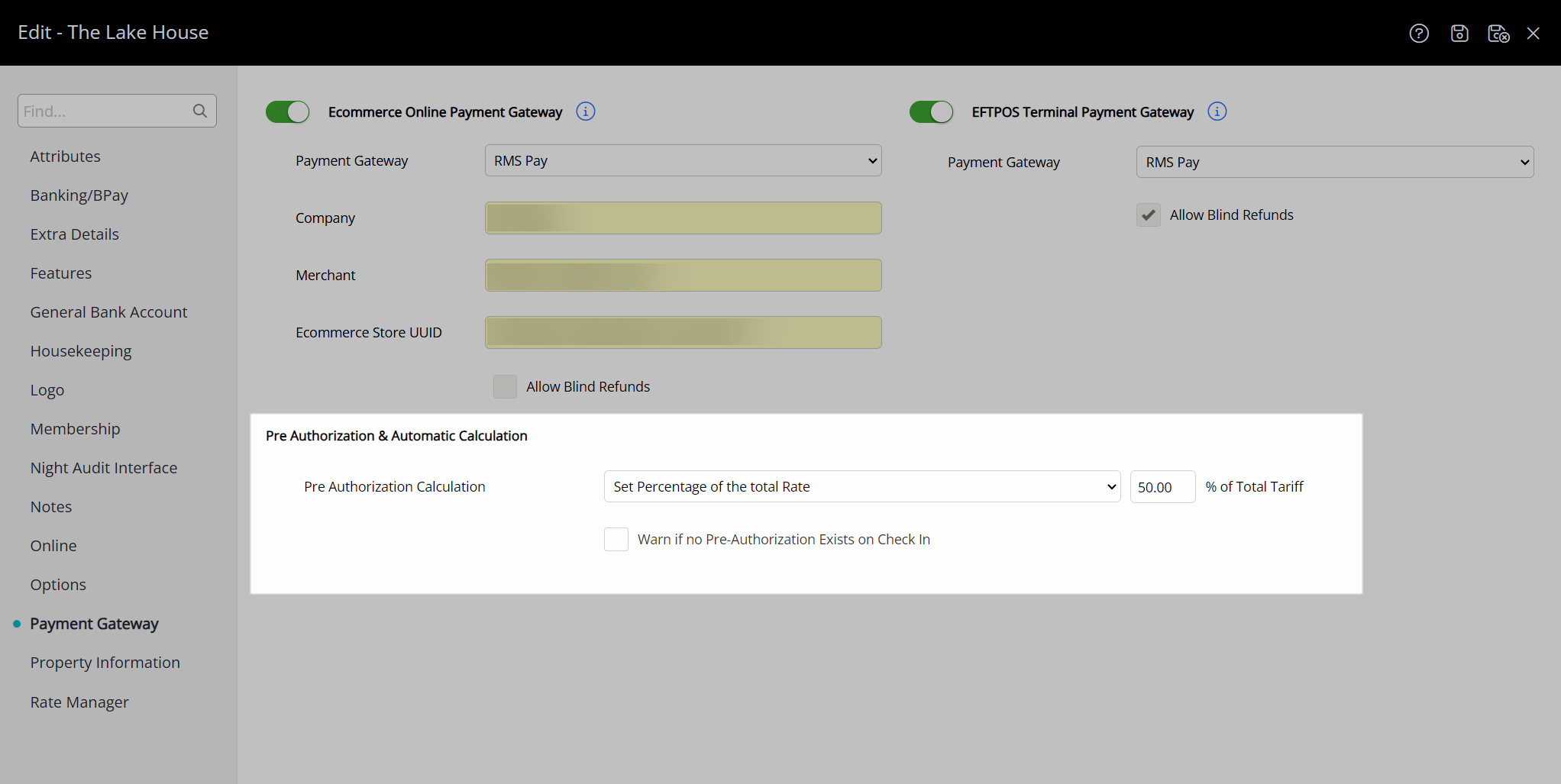 RMS Pay pre‑authorization settings showing ‘Set Percentage of Total Rate’ selected with a percentage value entered, calculating the hold as a percentage of the total booking rate.