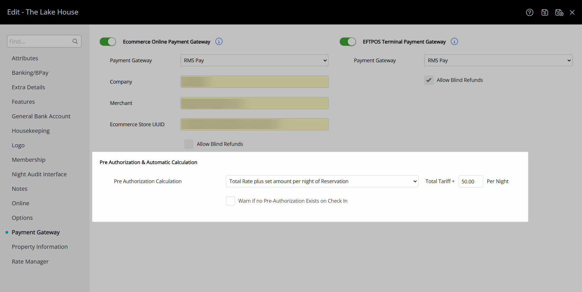 RMS Pay pre‑authorization settings with ‘Total Rate Plus Set Amount Per Reservation Night’ selected, adding a fixed per‑night amount on top of the total rate to cover incidentals.