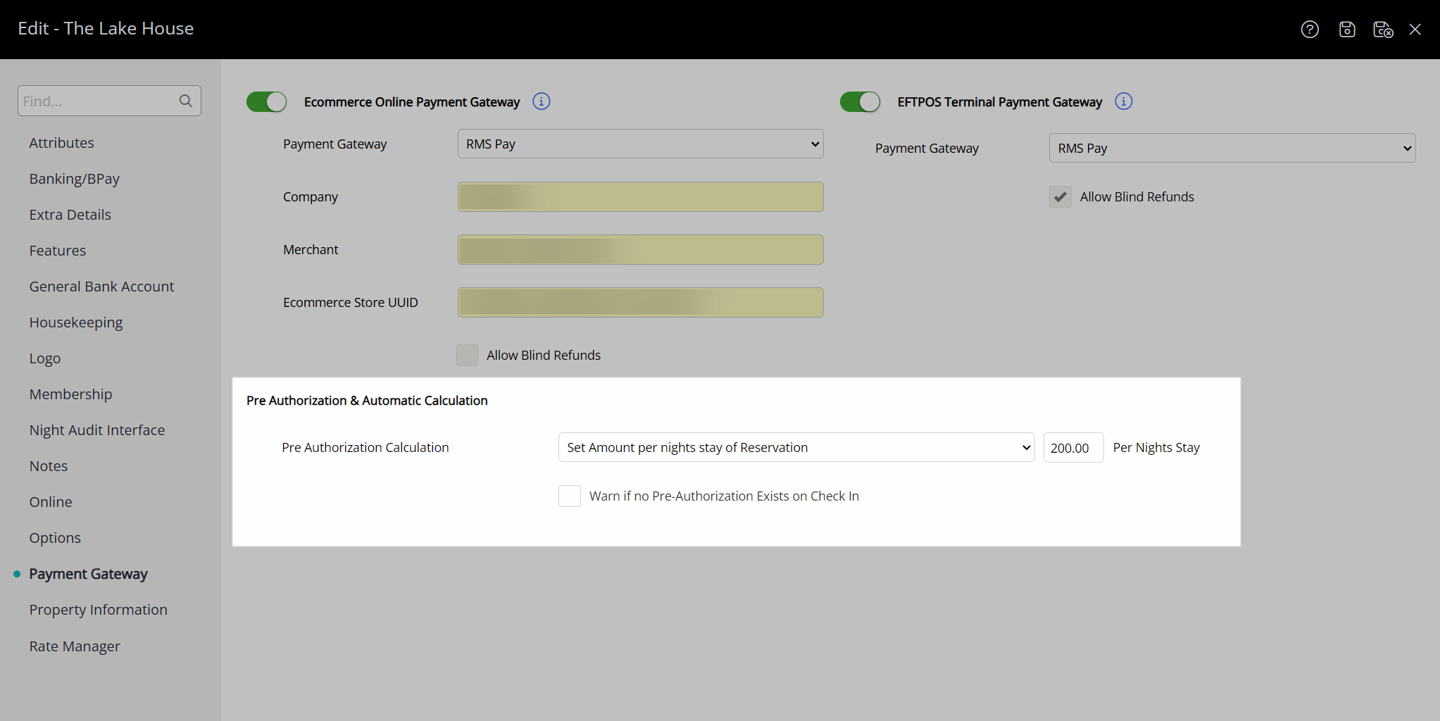 RMS Pay pre‑authorization settings with ‘Set Amount Per Reservation Night’ selected and a per‑night amount entered so the hold increases with the length of stay.