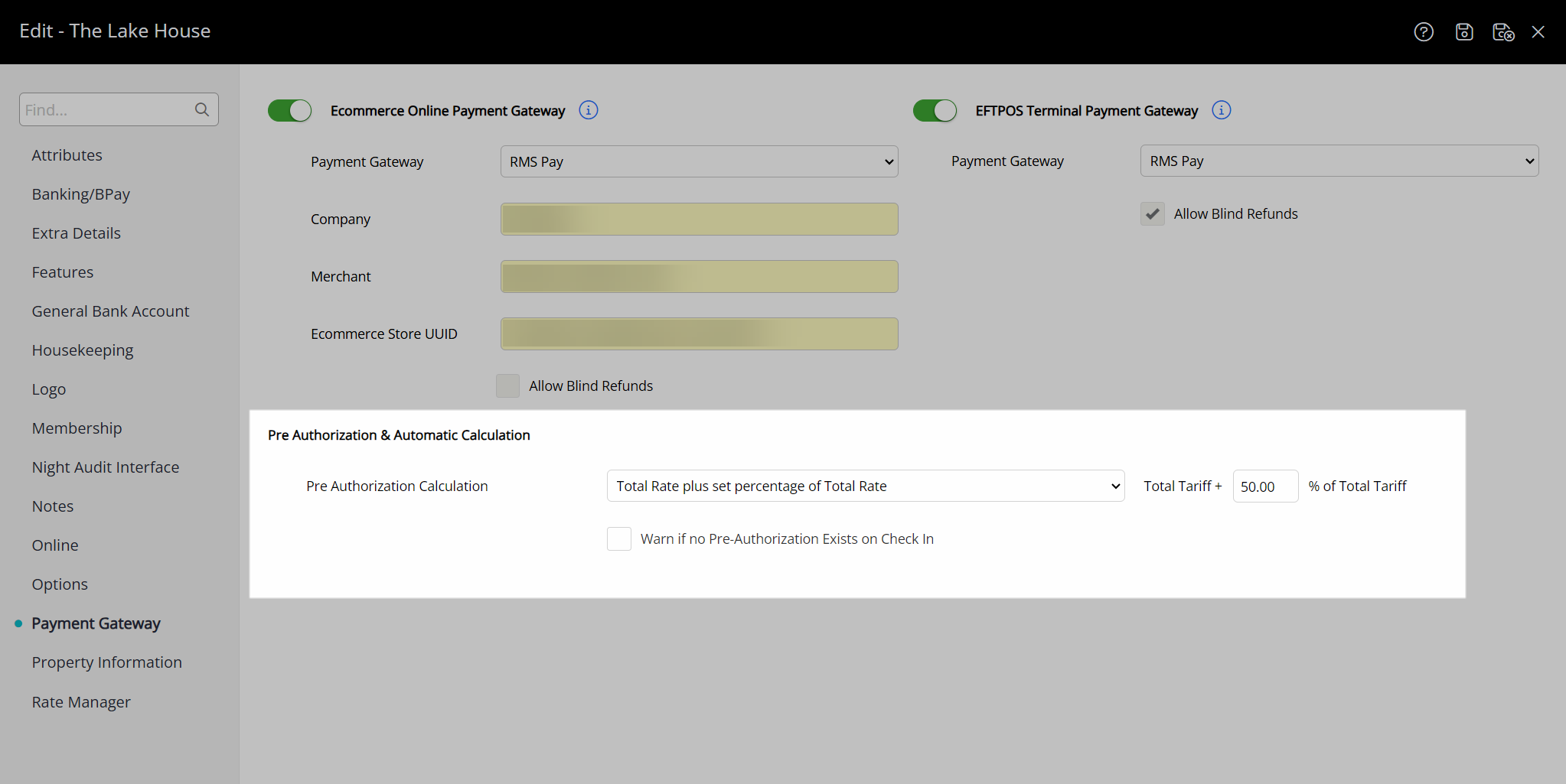 RMS Pay pre‑authorization settings showing ‘Total Rate Plus Set Percentage of Total Rate’ selected, combining the total rate with an extra percentage to increase the hold for incidentals.