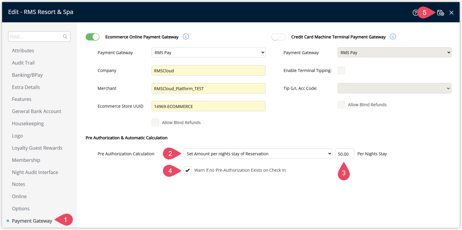 Property Information screen in RMS on the Payment Gateway tab, showing the Pre‑Authorization Calculation dropdown, amount/percentage fields, the ‘Warn if no Pre‑Authorization Exists on Check‑in’ checkbox, and Save/Exit button.