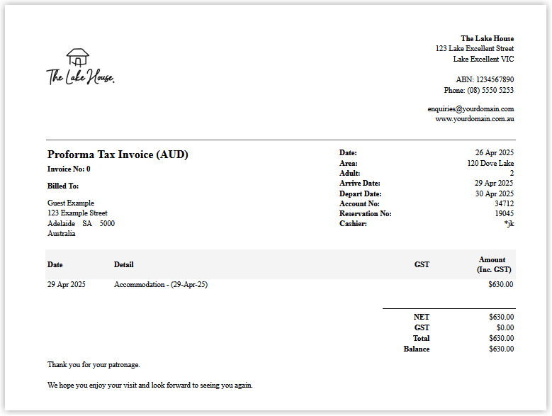 Screenshot example of a Proforma Tax Invoice generated from RMS showing the property logo, guest and billing details, invoice number 0, itemised projected charges and tax breakdown, clearly labelled as Proforma.