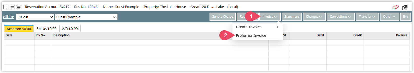 Screenshot of an account in RMS with the Invoice menu open and the Proforma Invoice option selected to generate a provisional invoice.