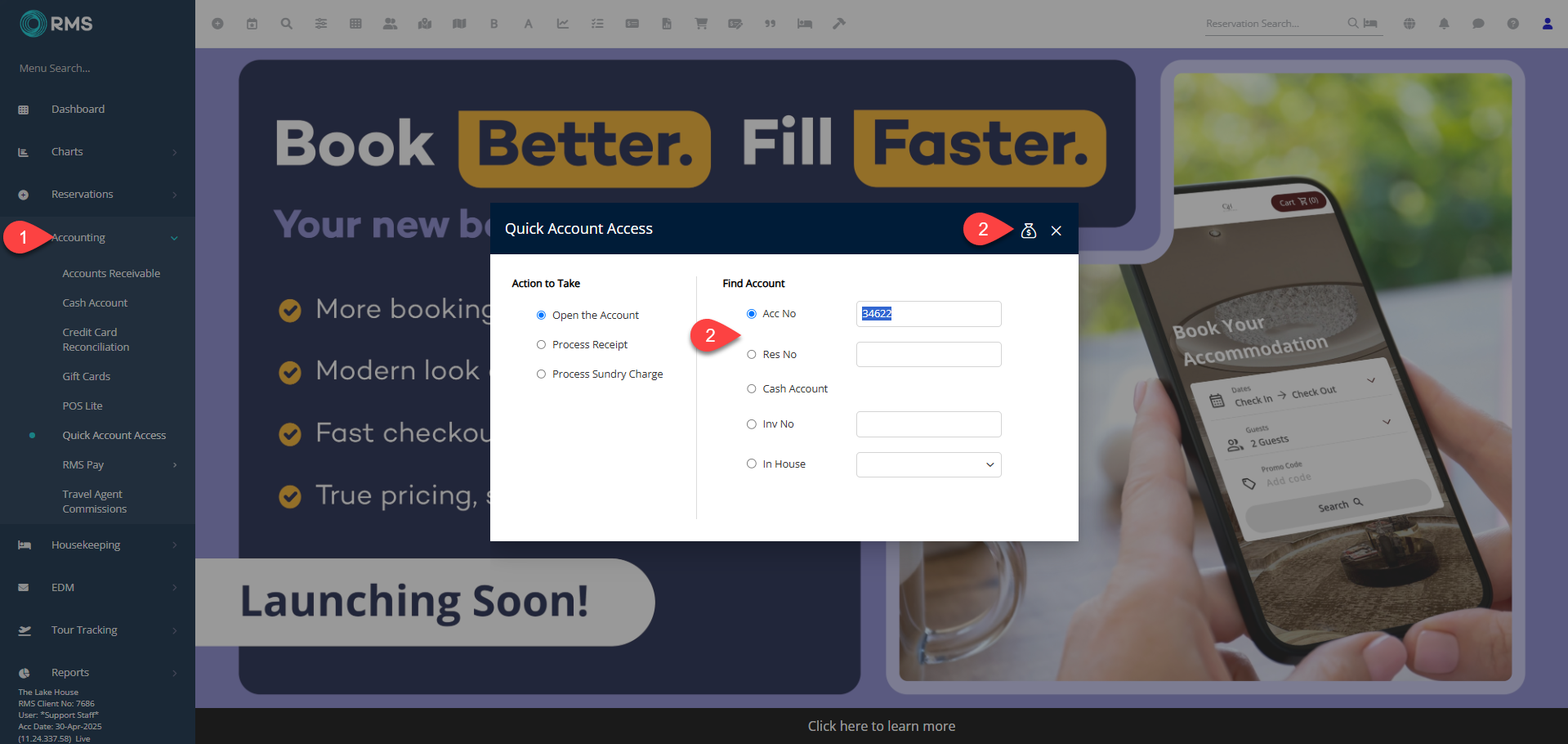 Quick Account Access screen in RMS with a field to enter a Reservation or Account Number and a Go to Account icon or button highlighted to open the selected account for processing a balance transfer.