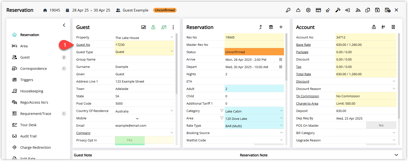 Annotated screenshot of the Reservation screen in RMS with the Guest No link highlighted to open the guest profile