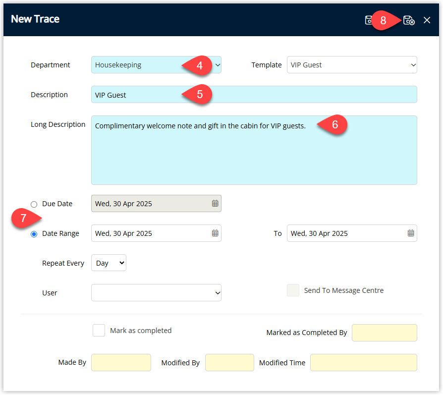 Annotated screenshot of the New Trace dialog in RMS showing the Department, Description, Long Description, and Date Range fields with the save button highlighted