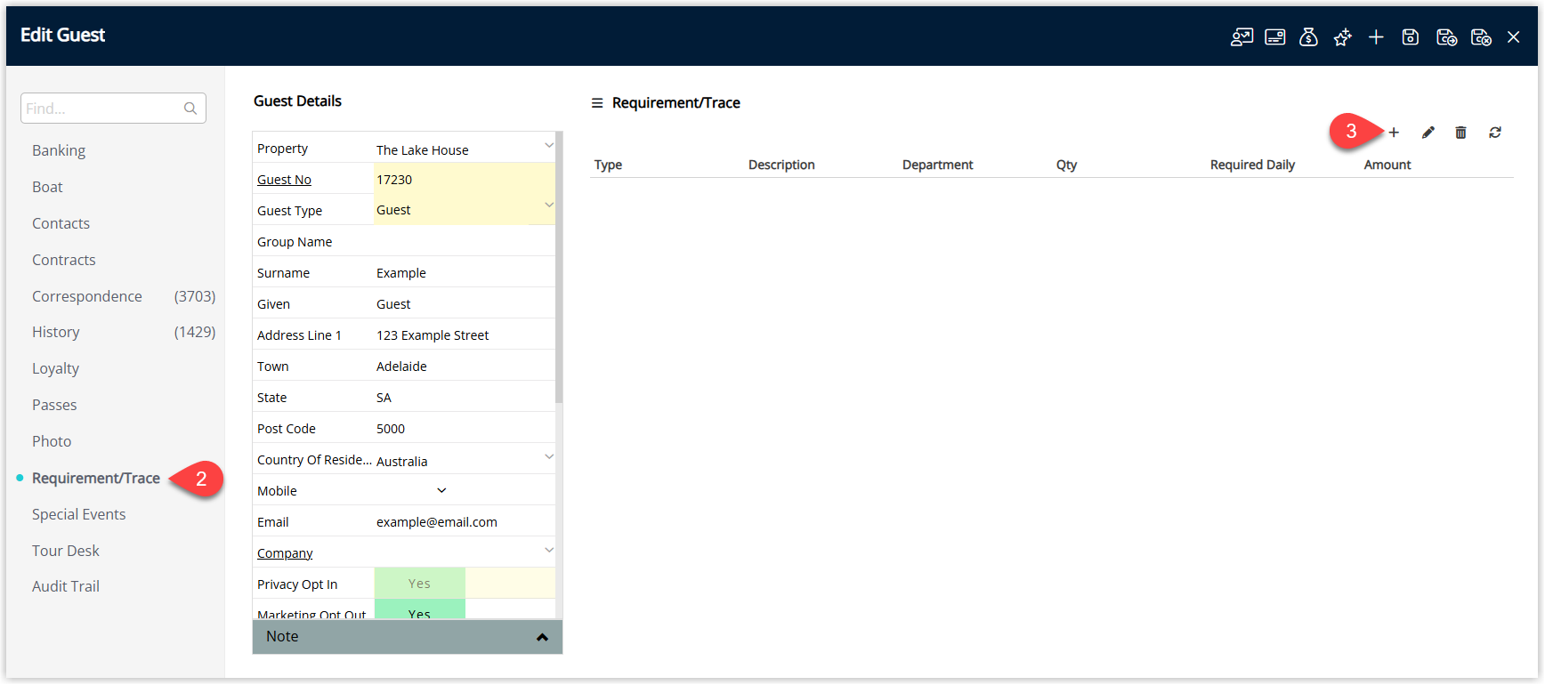 Annotated screenshot of the Edit Guest Requirement/Trace screen in RMS showing an empty trace list with the Add button highlighted