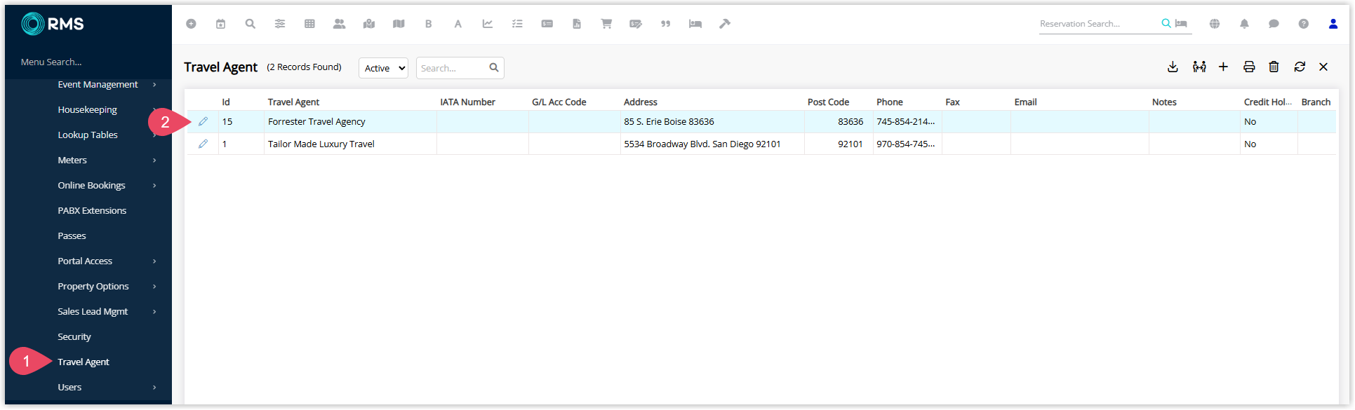 RMS Travel Agent setup screen showing a list of Travel Agents with columns such as Code and Name, with one Travel Agent selected and the Edit option chosen to open its profile and configure Requirements and Traces.