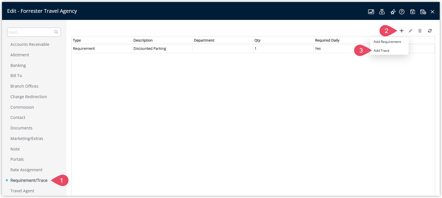 Travel Agent profile window in RMS on the Requirement/Trace tab displaying any existing requirements and traces, with the Add button selected and the Add Trace option chosen to create a new Travel Agent Trace.