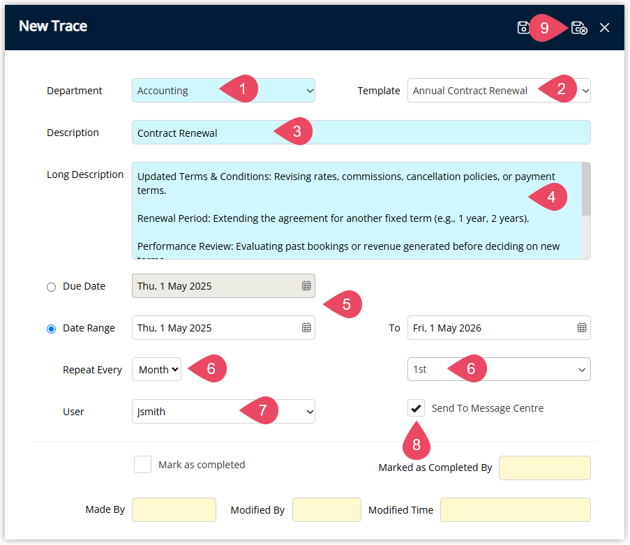 Travel Agent Trace entry window showing fields completed for Department, optional Trace Template, Description, Long Description, Due Date or Date Range with Repeat Frequency, optional assigned User, and Send to Message Centre checkbox, with the Save/Exit button selected to save the new trace.