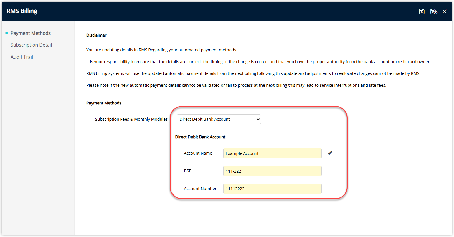Payment Methods screen displaying Direct Debit fields including Account Name BSB and Account Number completed for the selected property with the Save Exit button highlighted.
