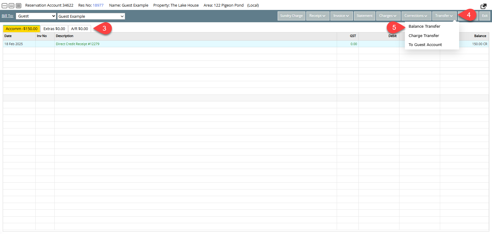 Account screen in RMS showing the current account balance and an Account Type selector, with a Transfer menu open and the Balance Transfer option highlighted to begin moving a debit or credit balance to another account.