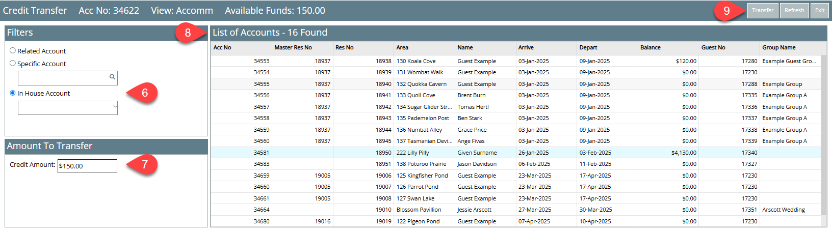 Balance Transfer window in RMS displaying fields to search for or enter the Destination Account, an Amount to Transfer field with a value entered, and a Transfer button highlighted to move the specified balance.