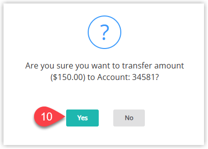 Confirmation pop‑up in RMS warning that a balance will be transferred between accounts, with a Yes button highlighted to confirm the Balance Transfer.