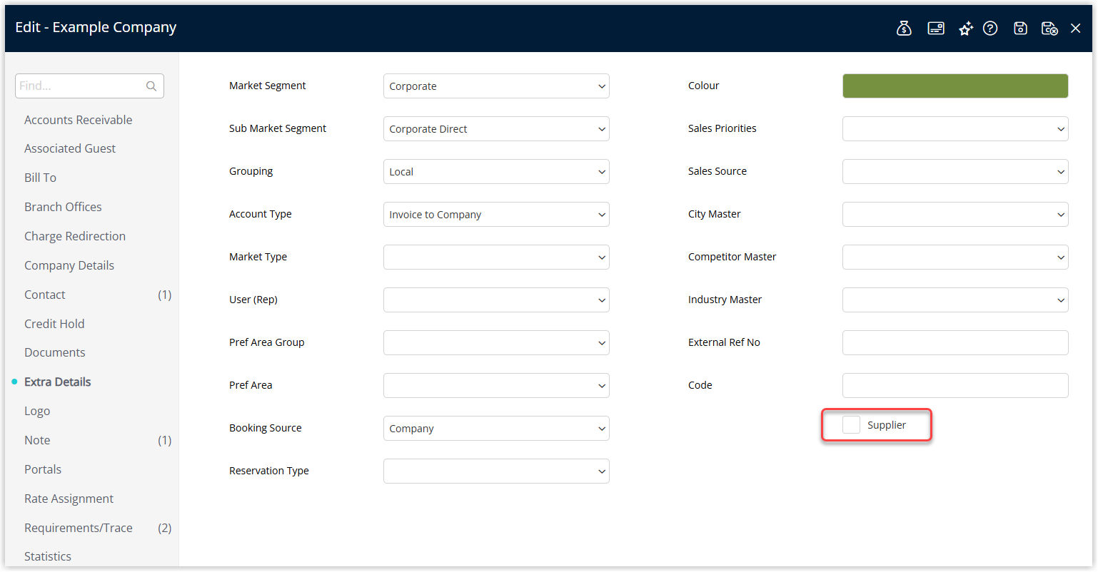 Annotated screenshot of the Edit Company Extra Details screen in RMS highlighting the Supplier option