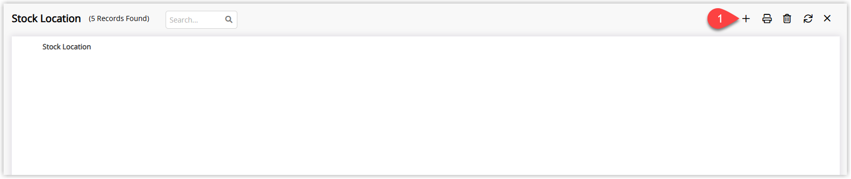Annotated screenshot of the Stock Location screen in RMS highlighting the add stock location icon