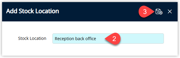 Annotated screenshot of the Add Stock Location window in RMS highlighting the Stock Location field and the save icon