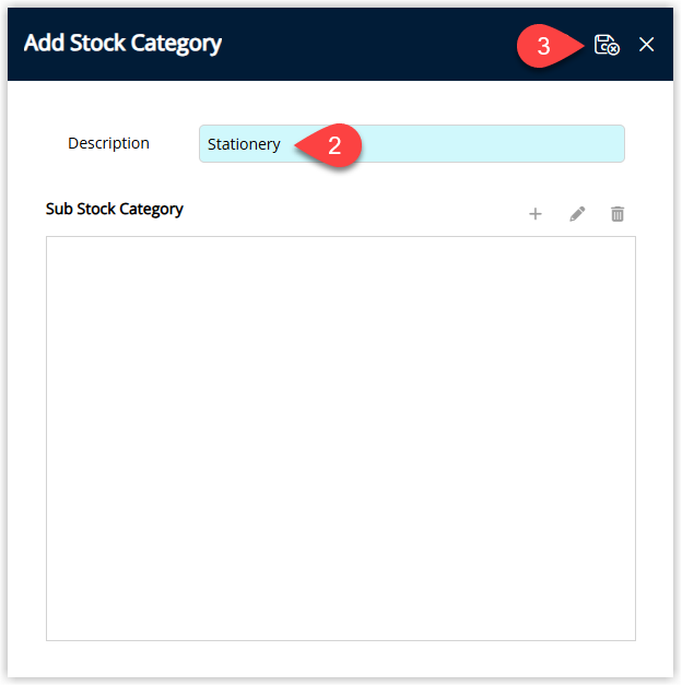Annotated screenshot of the Add Stock Category window in RMS highlighting the Description field and the save icon