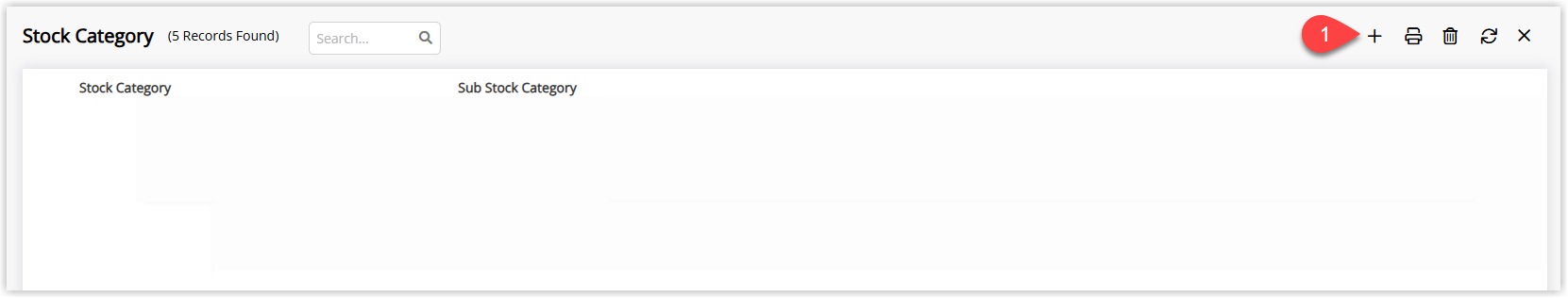 Annotated screenshot of the Stock Category screen in RMS highlighting the add stock category icon