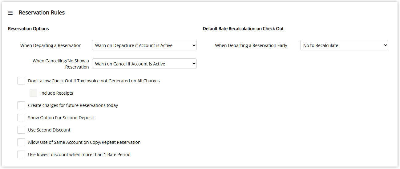 Screenshot of the Accounting Options Reservation Rules tab in RMS showing the reservation departure, cancellation, and default rate recalculation options